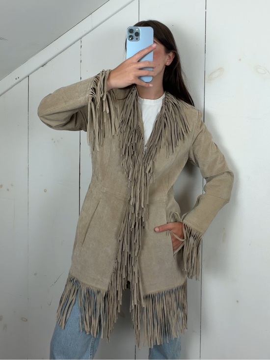 Wilsons Leather Jackets & Blazers - Vintage Wilsons Tan Suede Leather Mid‎ Length Fringe Trim Jacket Women’s Small